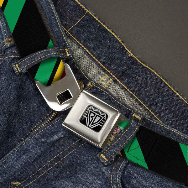 Buckle-Down BD Wings Logo CLOSE-UP Full Color Black Silver Seatbelt Belt - Diagonal Stripes Black/Green/Yellow/Red Webbing