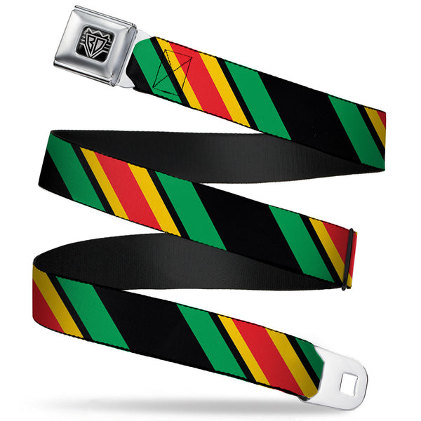 Buckle-Down BD Wings Logo CLOSE-UP Full Color Black Silver Seatbelt Belt - Diagonal Stripes Black/Green/Yellow/Red Webbing