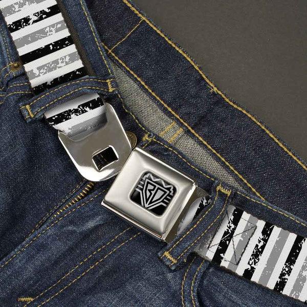 Buckle-Down BD Wings Logo CLOSE-UP Full Color Black Silver Seatbelt Belt - Vertical Stripes White/Black/Gray Webbing