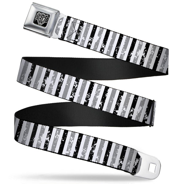 Buckle-Down BD Wings Logo CLOSE-UP Full Color Black Silver Seatbelt Belt - Vertical Stripes White/Black/Gray Webbing