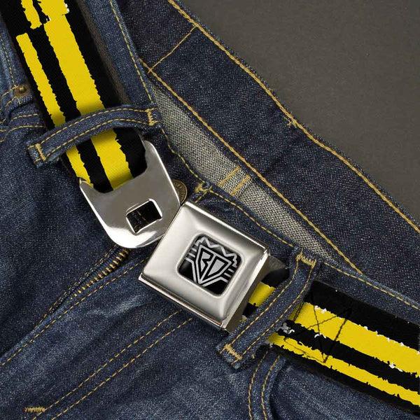 Buckle-Down BD Wings Logo CLOSE-UP Full Color Black Silver Seatbelt Belt - Racing Stripe2 Weathered Black/Yellow Webbing