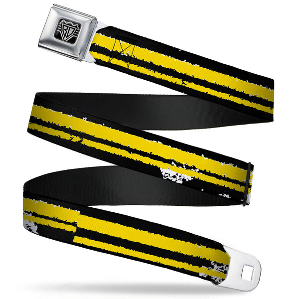 Buckle-Down BD Wings Logo CLOSE-UP Full Color Black Silver Seatbelt Belt - Racing Stripe2 Weathered Black/Yellow Webbing
