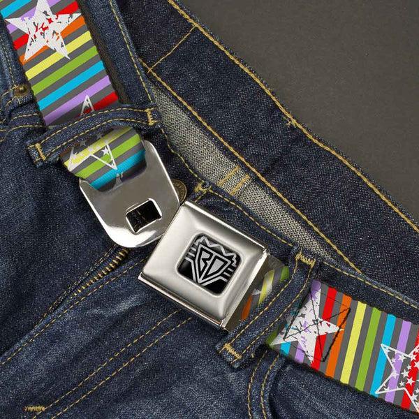 Buckle-Down BD Wings Logo CLOSE-UP Full Color Black Silver Seatbelt Belt - Stars W/Lines Gray/Multi Color/White Webbing