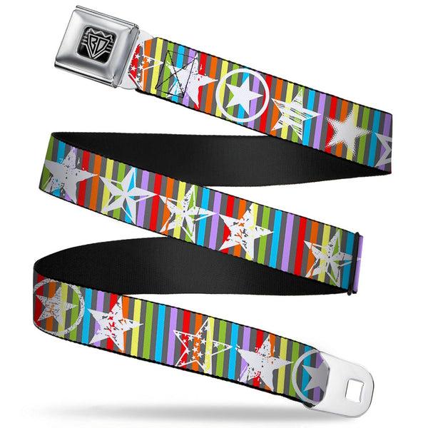 Buckle-Down BD Wings Logo CLOSE-UP Full Color Black Silver Seatbelt Belt - Stars w/Lines Gray/Multi Color/White Webbing
