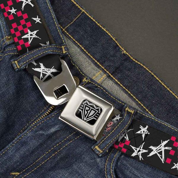 Buckle-Down BD Wings Logo CLOSE-UP Full Color Black Silver Seatbelt Belt - Sketch Stars W/Checkers Black/Fuchsia/White Webbing