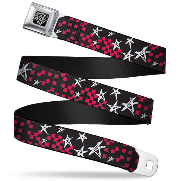 Buckle-Down BD Wings Logo CLOSE-UP Full Color Black Silver Seatbelt Belt - Sketch Stars w/Checkers Black/Fuchsia/White Webbing