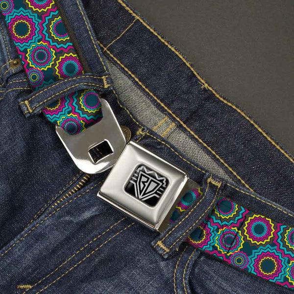 Buckle-Down BD Wings Logo CLOSE-UP Full Color Black Silver Seatbelt Belt - Jagged Rings Teals/Fuchsia/Yellow Webbing