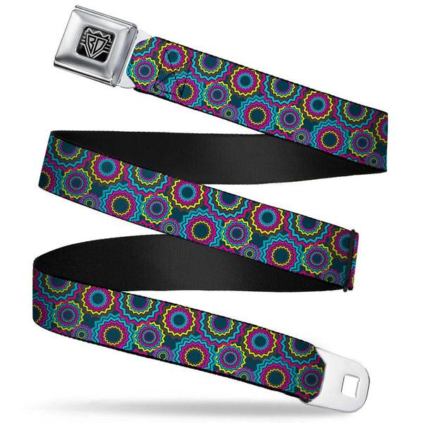 Buckle-Down BD Wings Logo CLOSE-UP Full Color Black Silver Seatbelt Belt - Jagged Rings Teals/Fuchsia/Yellow Webbing