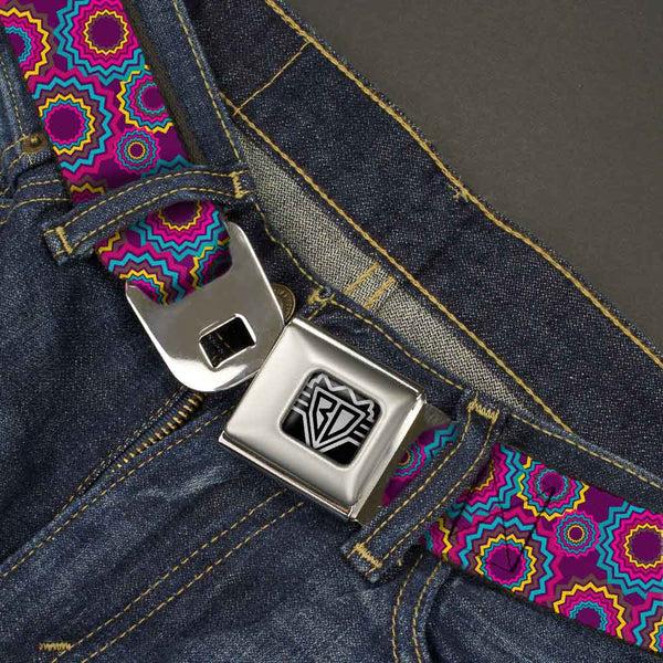 Buckle-Down BD Wings Logo CLOSE-UP Full Color Black Silver Seatbelt Belt - Jagged Rings Purples/Blues/Yellow Webbing