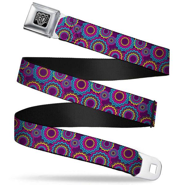 Buckle-Down BD Wings Logo CLOSE-UP Full Color Black Silver Seatbelt Belt - Jagged Rings Purples/Blues/Yellow Webbing
