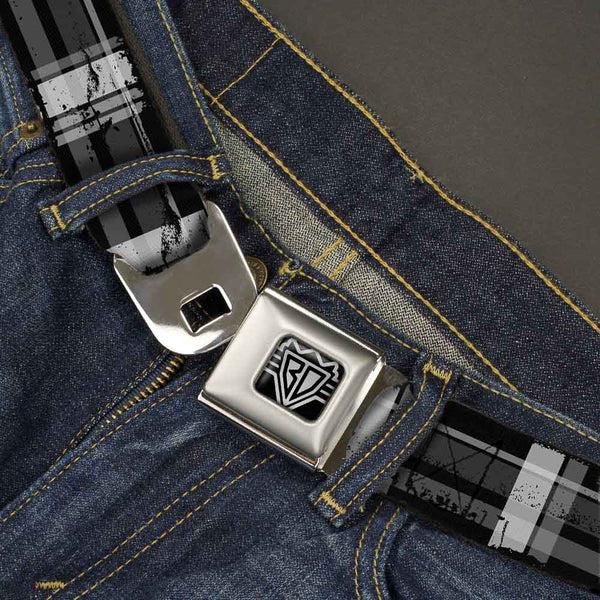 Buckle-Down BD Wings Logo CLOSE-UP Full Color Black Silver Seatbelt Belt - Plaid Weathered Black/Gray/White Webbing