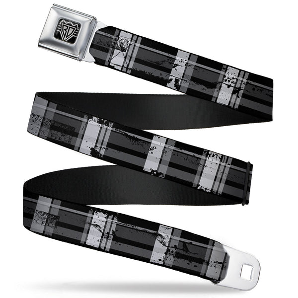 Buckle-Down BD Wings Logo CLOSE-UP Full Color Black Silver Seatbelt Belt - Plaid Weathered Black/Gray/White Webbing