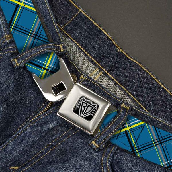 Buckle-Down BD Wings Logo CLOSE-UP Full Color Black Silver Seatbelt Belt - Plaid Turquoise/Yellow/Black/Gray Webbing