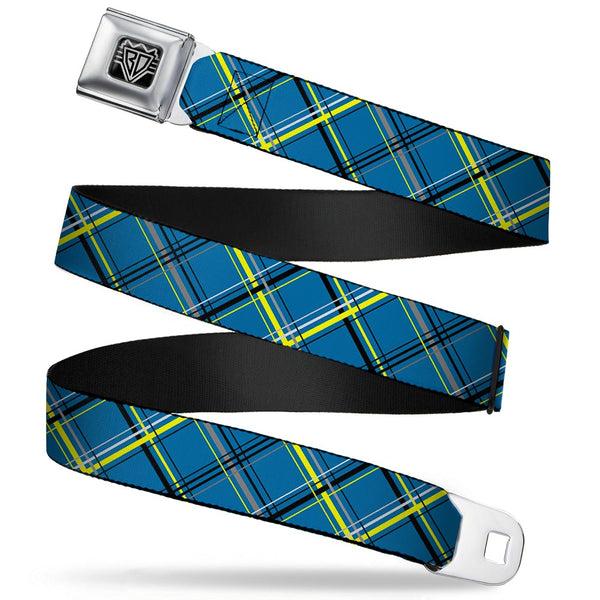 Buckle-Down BD Wings Logo CLOSE-UP Full Color Black Silver Seatbelt Belt - Plaid Turquoise/Yellow/Black/Gray Webbing