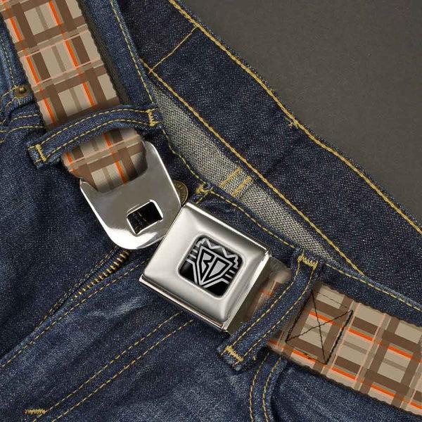 Buckle-Down BD Wings Logo CLOSE-UP Full Color Black Silver Seatbelt Belt - Plaid Tan Shades/Orange Webbing