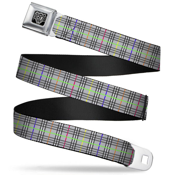 Buckle-Down BD Wings Logo CLOSE-UP Full Color Black Silver Seatbelt Belt - Plaid Gray/Multi Neon Webbing