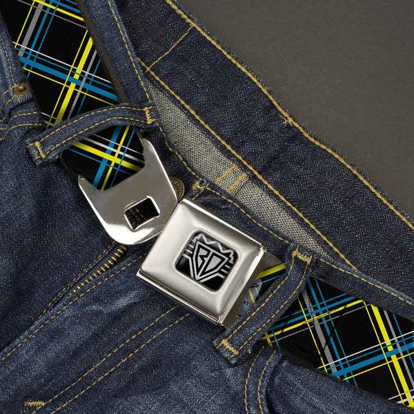 Buckle-Down BD Wings Logo CLOSE-UP Full Color Black Silver Seatbelt Belt - Plaid Black/Yellow/Turquoise/Gray Webbing