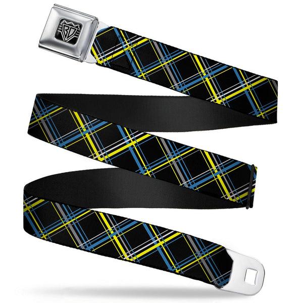 Buckle-Down BD Wings Logo CLOSE-UP Full Color Black Silver Seatbelt Belt - Plaid Black/Yellow/Turquoise/Gray Webbing