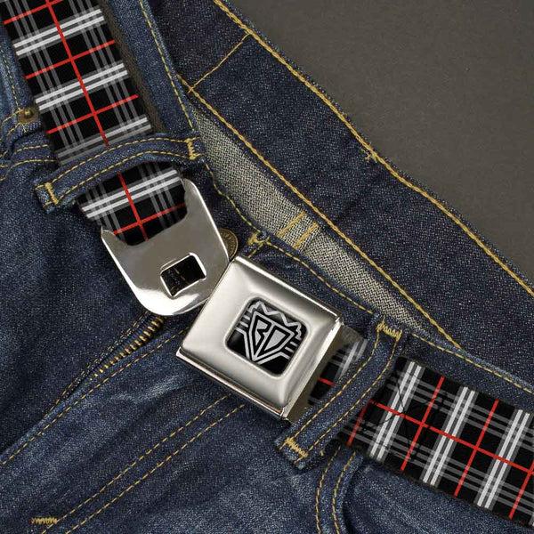 Buckle-Down BD Wings Logo CLOSE-UP Full Color Black Silver Seatbelt Belt - Plaid Black/Red Webbing