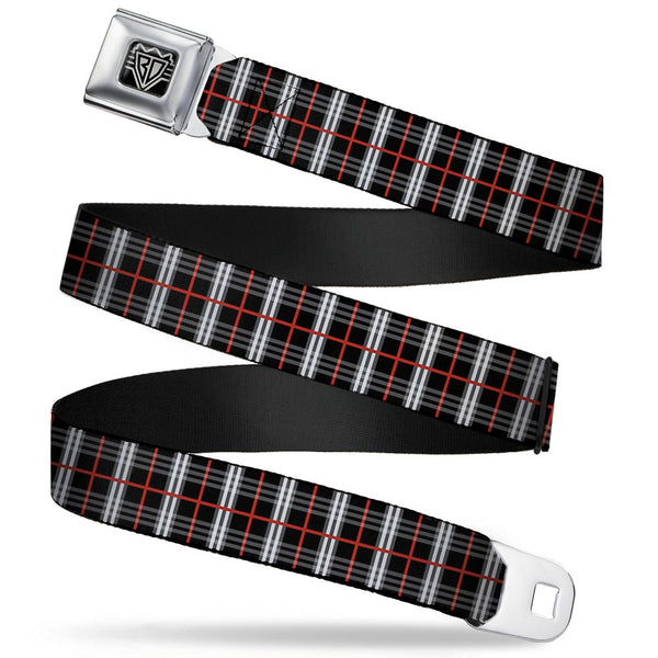 Buckle-Down BD Wings Logo CLOSE-UP Full Color Black Silver Seatbelt Belt - Plaid Black/Red Webbing