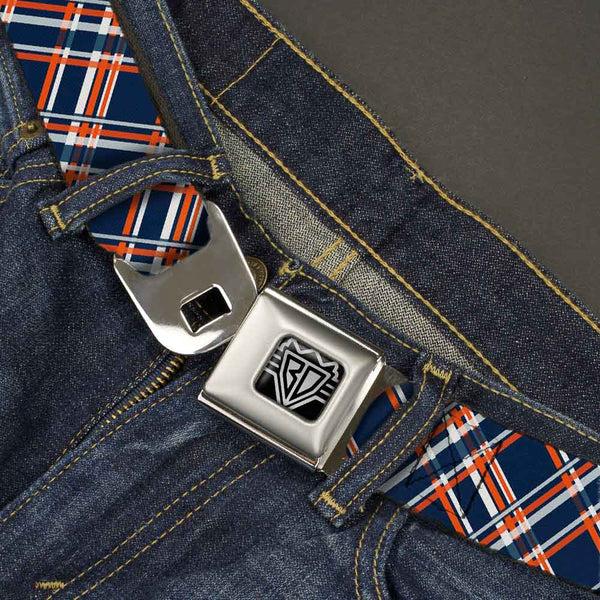 Buckle-Down BD Wings Logo CLOSE-UP Full Color Black Silver Seatbelt Belt - Plaid X3 Navy/Orange/White Webbing