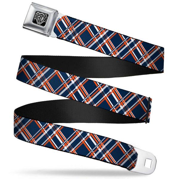 Buckle-Down BD Wings Logo CLOSE-UP Full Color Black Silver Seatbelt Belt - Plaid X3 Navy/Orange/White Webbing