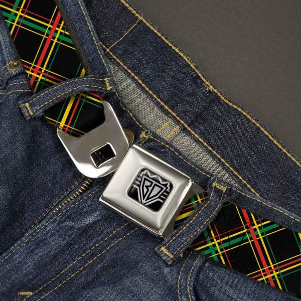 Buckle-Down BD Wings Logo CLOSE-UP Full Color Black Silver Seatbelt Belt - Plaid X Rasta Webbing