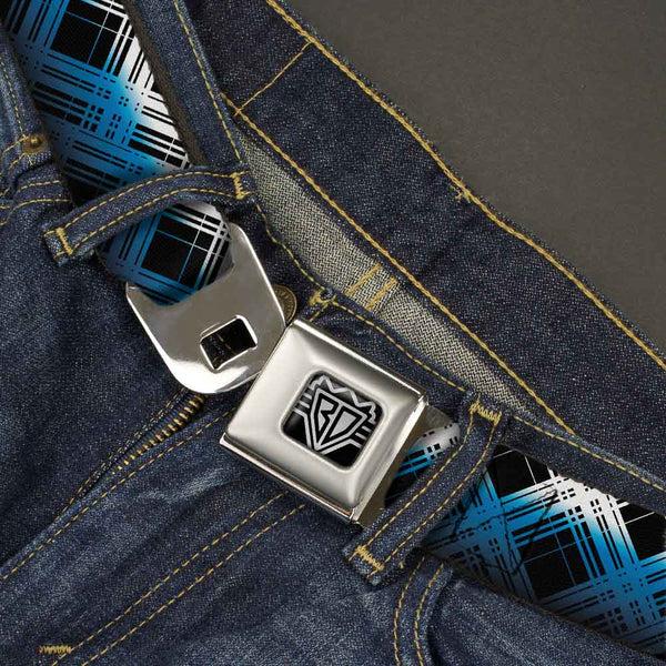 Buckle-Down BD Wings Logo CLOSE-UP Full Color Black Silver Seatbelt Belt - Plaid X Gradient Black/White/Blue Webbing