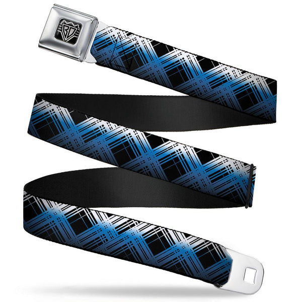 Buckle-Down BD Wings Logo CLOSE-UP Full Color Black Silver Seatbelt Belt - Plaid X Gradient Black/White/Blue Webbing
