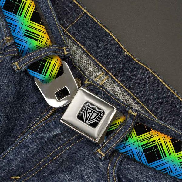 Buckle-Down BD Wings Logo CLOSE-UP Full Color Black Silver Seatbelt Belt - Plaid X Gradient Black/Orange/Green/Blue Webbing