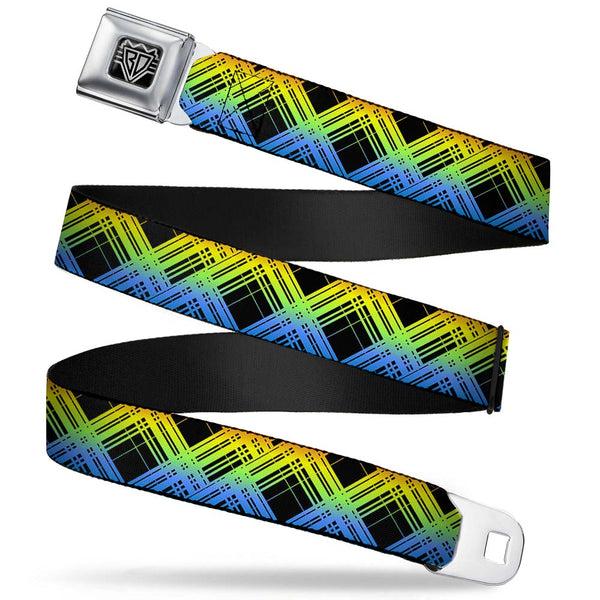 Buckle-Down BD Wings Logo CLOSE-UP Full Color Black Silver Seatbelt Belt - Plaid X Gradient Black/Orange/Green/Blue Webbing