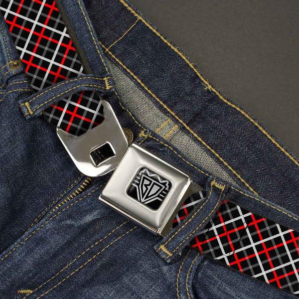 Buckle-Down BD Wings Logo CLOSE-UP Full Color Black Silver Seatbelt Belt - Criss Cross Plaid Black/Gray/Red Webbing