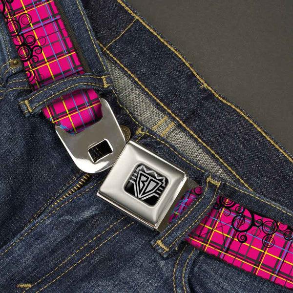 Buckle-Down BD Wings Logo CLOSE-UP Full Color Black Silver Seatbelt Belt - Plaid Curls Pink/Black/Yellow/Blue Webbing