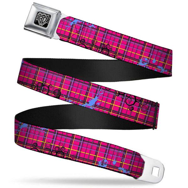Buckle-Down BD Wings Logo CLOSE-UP Full Color Black Silver Seatbelt Belt - Plaid Curls Pink/Black/Yellow/Blue Webbing