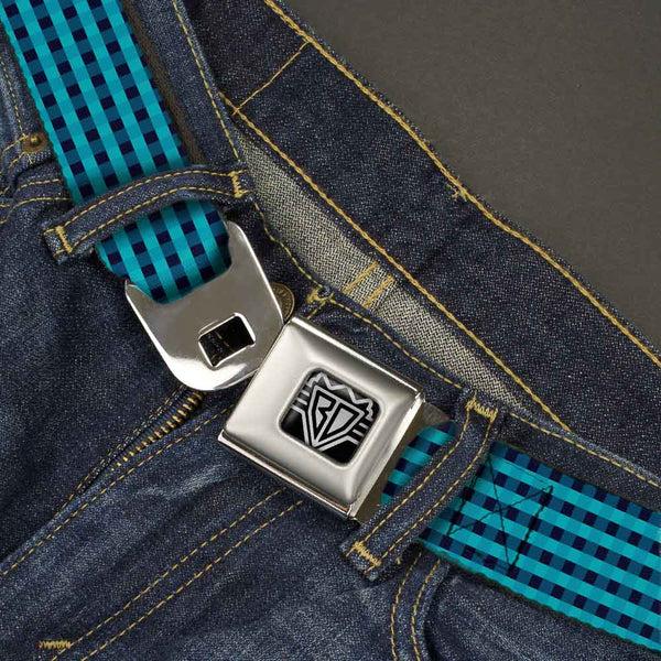 Buckle-Down BD Wings Logo CLOSE-UP Full Color Black Silver Seatbelt Belt - Mini Buffalo Plaid Navy/Blue Webbing
