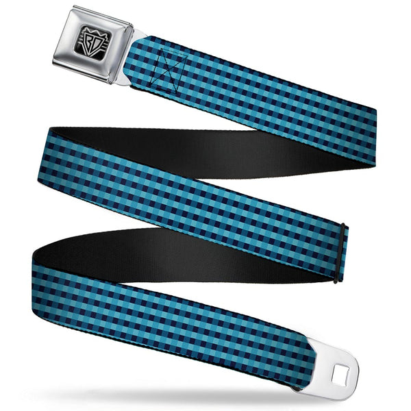 Buckle-Down BD Wings Logo CLOSE-UP Full Color Black Silver Seatbelt Belt - Mini Buffalo Plaid Navy/Blue Webbing