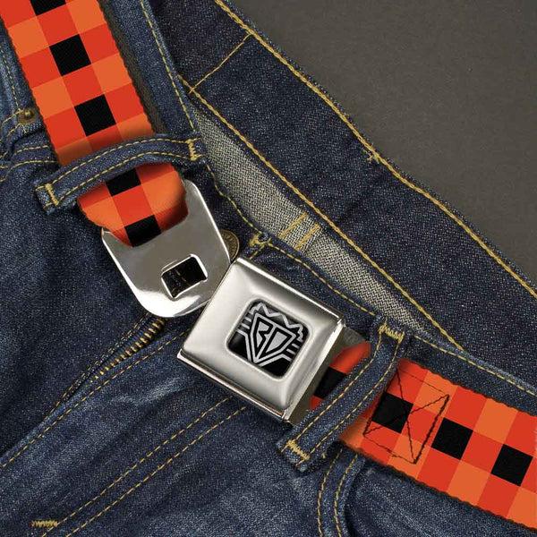 Buckle-Down BD Wings Logo CLOSE-UP Full Color Black Silver Seatbelt Belt - Buffalo Plaid Black/Orange Webbing