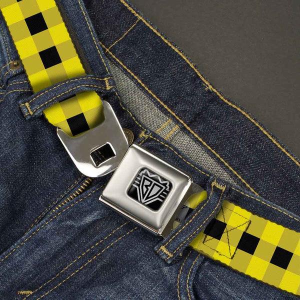 Buckle-Down BD Wings Logo CLOSE-UP Full Color Black Silver Seatbelt Belt - Buffalo Plaid Black/Neon Yellow Webbing