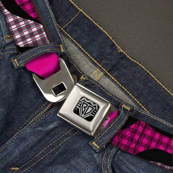 Buckle-Down BD Wings Logo CLOSE-UP Full Color Black Silver Seatbelt Belt - Buffalo Plaid Abstract White/Black/Fuchsia Webbing