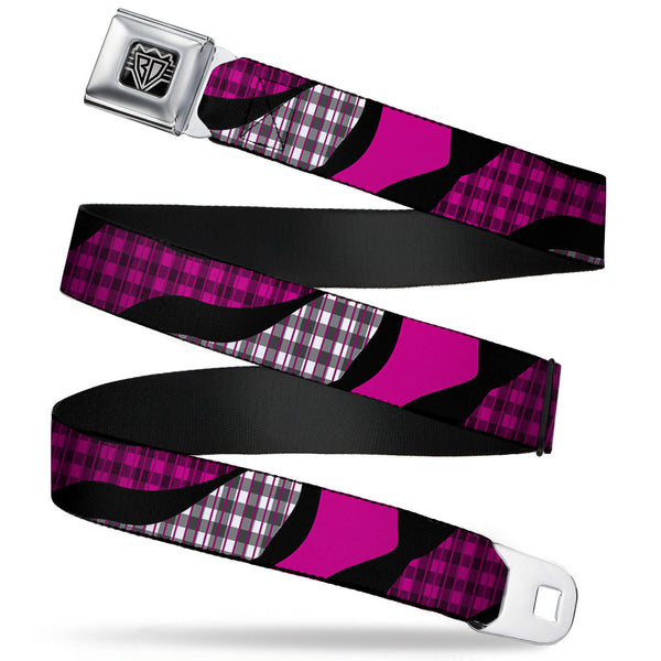 Buckle-Down BD Wings Logo CLOSE-UP Full Color Black Silver Seatbelt Belt - Buffalo Plaid Abstract White/Black/Fuchsia Webbing