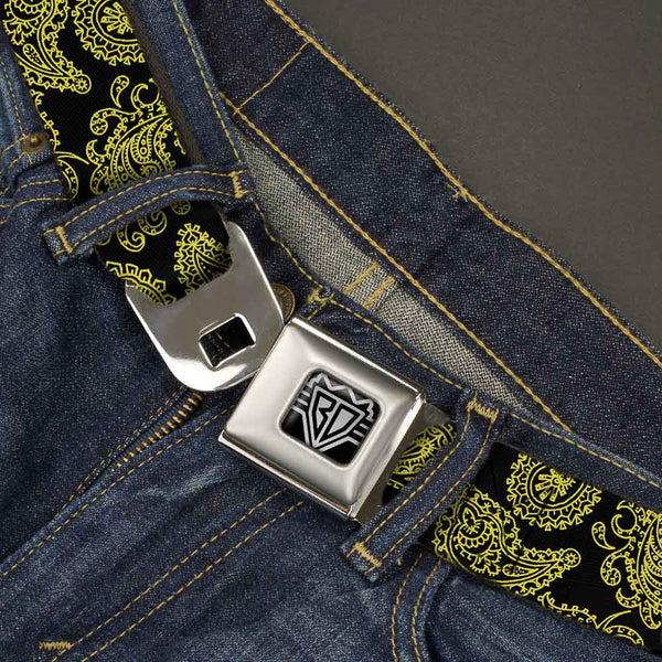 Buckle-Down BD Wings Logo CLOSE-UP Full Color Black Silver Seatbelt Belt - Paisley Black/Neon Yellow Webbing