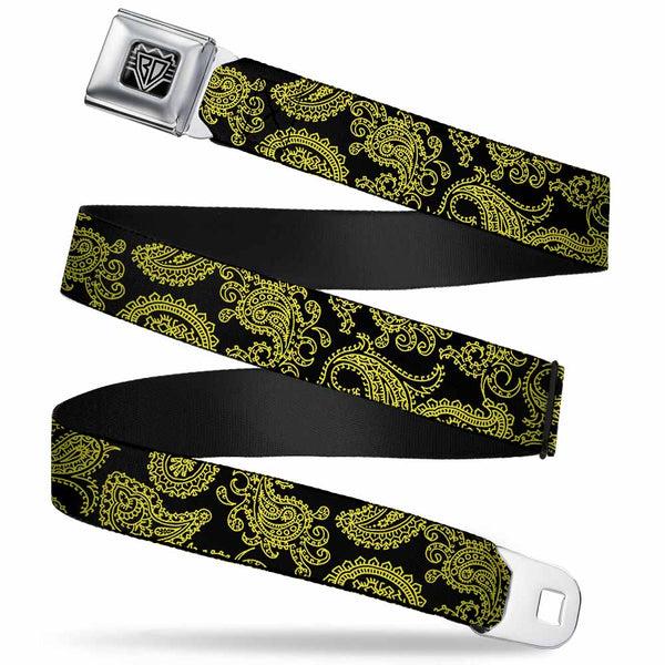 Buckle-Down BD Wings Logo CLOSE-UP Full Color Black Silver Seatbelt Belt - Paisley Black/Neon Yellow Webbing
