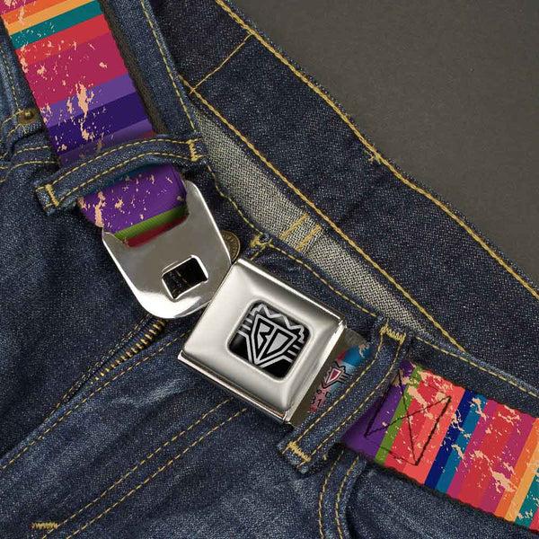 Buckle-Down BD Wings Logo CLOSE-UP Full Color Black Silver Seatbelt Belt - Lines Weathered Reds/Purples Webbing