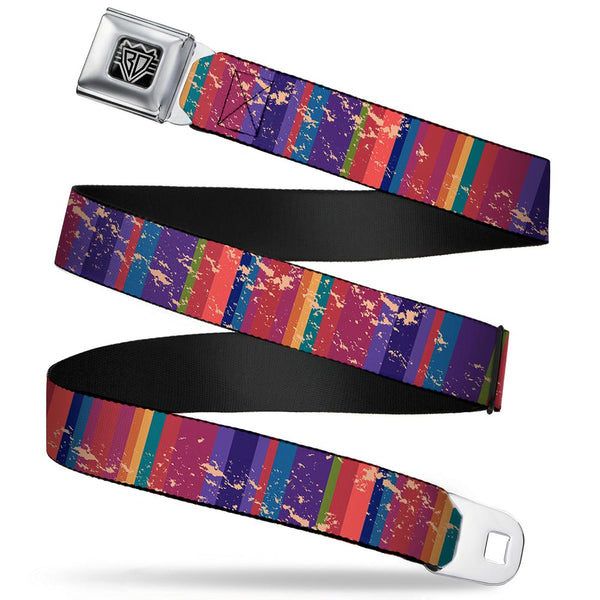 Buckle-Down BD Wings Logo CLOSE-UP Full Color Black Silver Seatbelt Belt - Lines Weathered Reds/Purples Webbing
