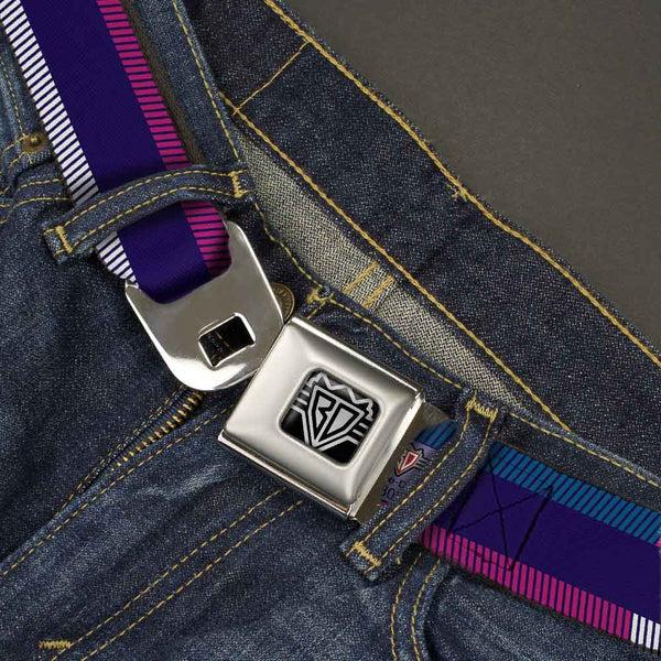 Buckle-Down BD Wings Logo CLOSE-UP Full Color Black Silver Seatbelt Belt - Hash Mark Stripe Navy/Turquoise/Fuchsia/White Webbing