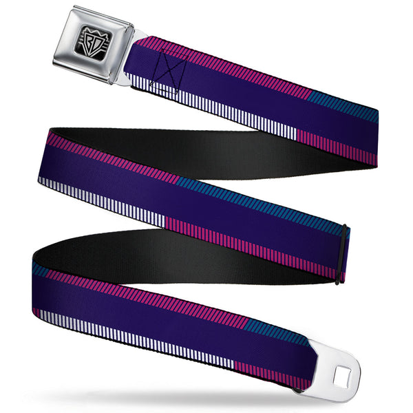 Buckle-Down BD Wings Logo CLOSE-UP Full Color Black Silver Seatbelt Belt - Hash Mark Stripe Navy/Turquoise/Fuchsia/White Webbing