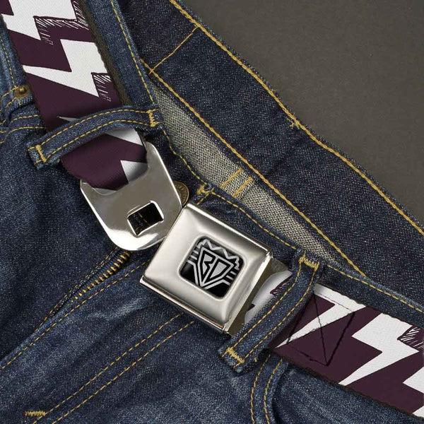 Buckle-Down BD Wings Logo CLOSE-UP Full Color Black Silver Seatbelt Belt - Lightning Bolts Sketch Plum/White Webbing