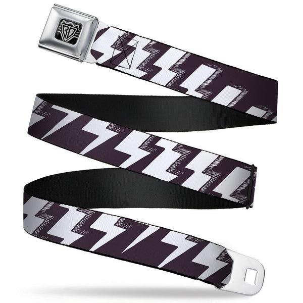 Buckle-Down BD Wings Logo CLOSE-UP Full Color Black Silver Seatbelt Belt - Lightning Bolts Sketch Plum/White Webbing
