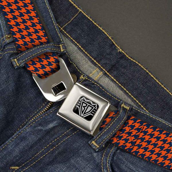 Buckle-Down BD Wings Logo CLOSE-UP Full Color Black Silver Seatbelt Belt - Houndstooth Orange/Blue Webbing