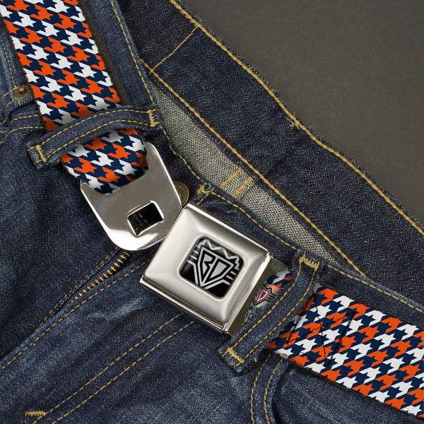 Buckle-Down BD Wings Logo CLOSE-UP Full Color Black Silver Seatbelt Belt - Houndstooth Navy/Orange/White Webbing